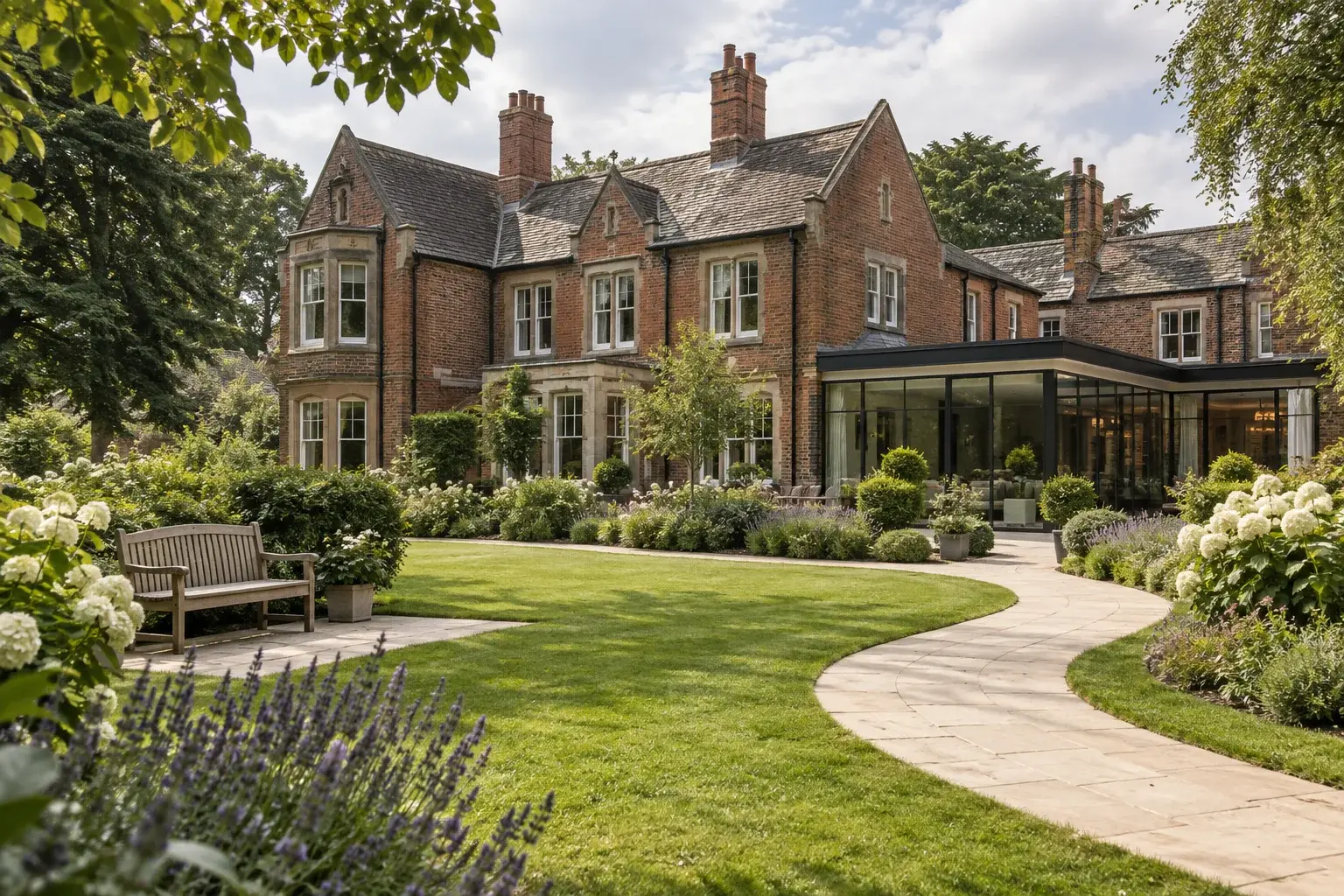Illustrative English care home opening onto an accessible landscaped garden